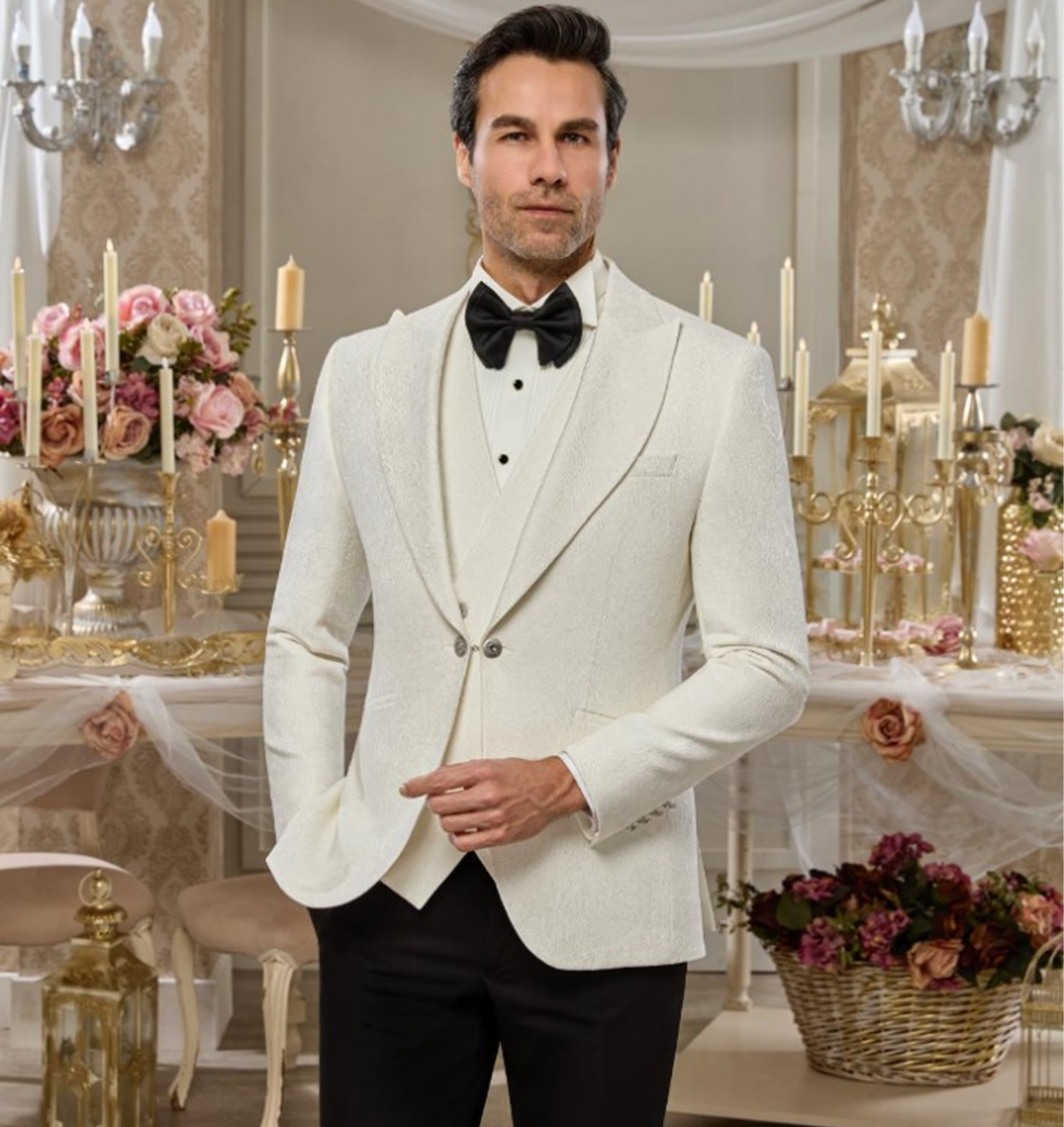 Man in white tuxedo at elegant event.