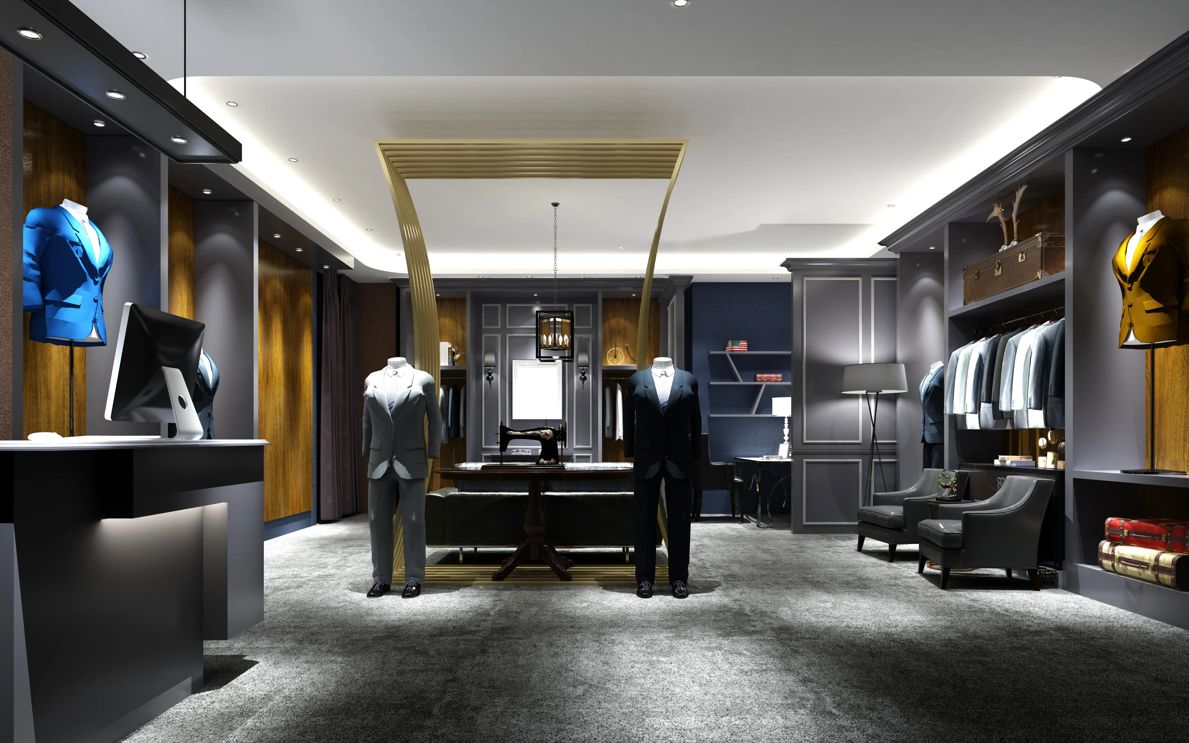 Luxury men's clothing store interior design.