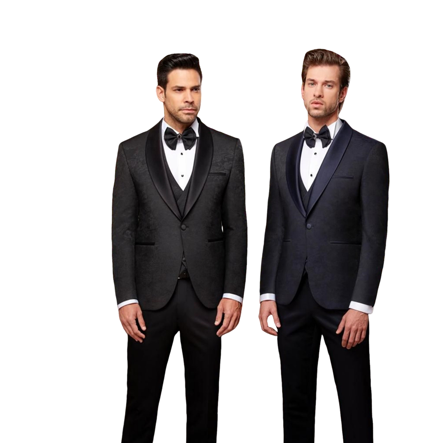 Two men wearing elegant black tuxedos.