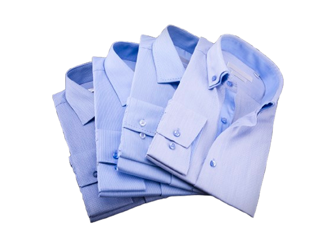 Folded blue shirts on black background.