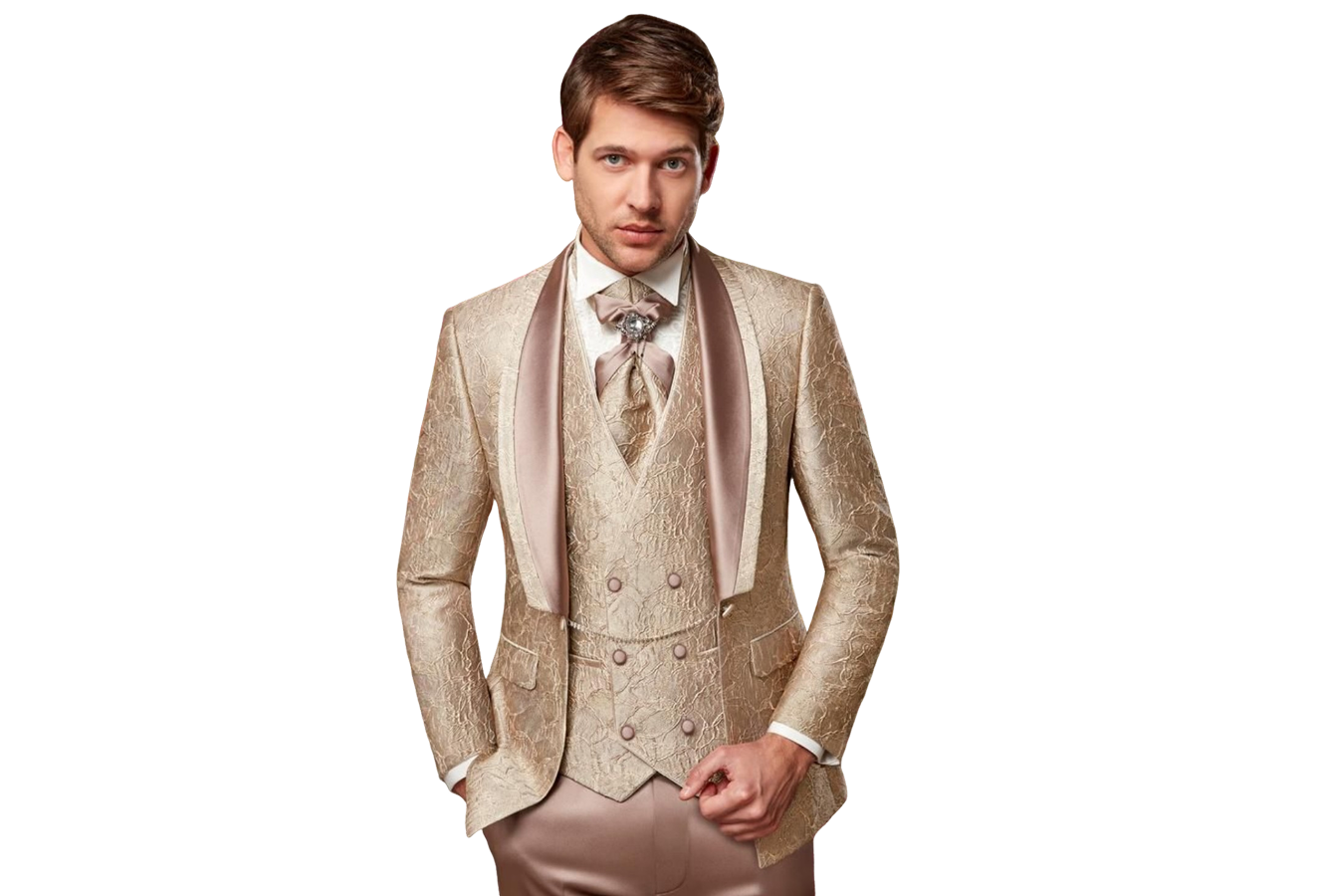 Man in elegant beige suit and tie.