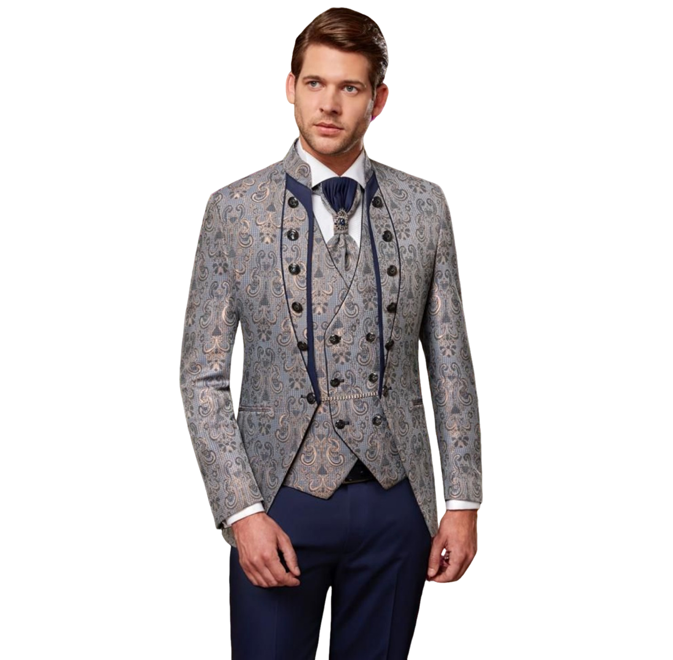 Man in ornate suit with waistcoat.