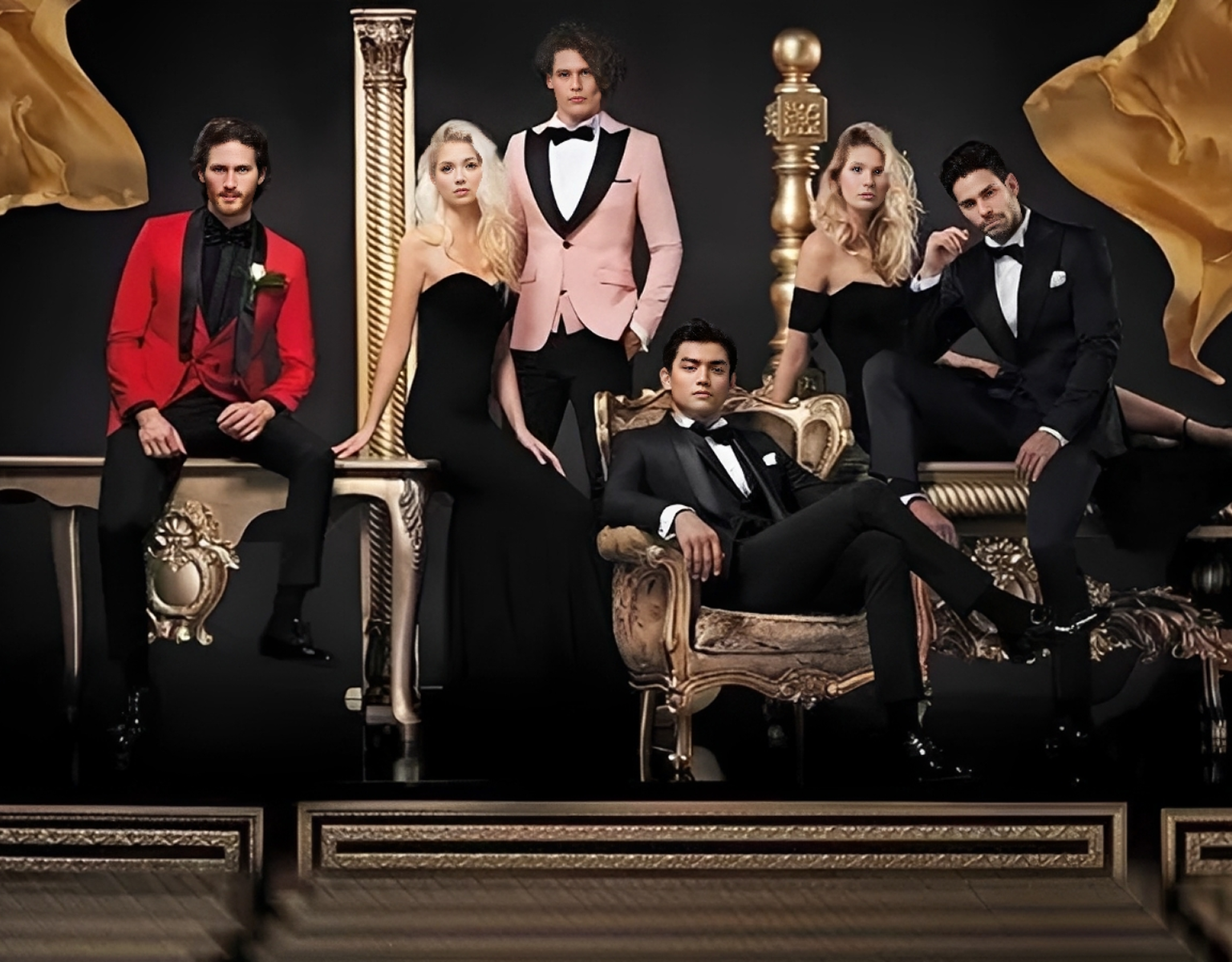 Elegant group in formal evening attire.